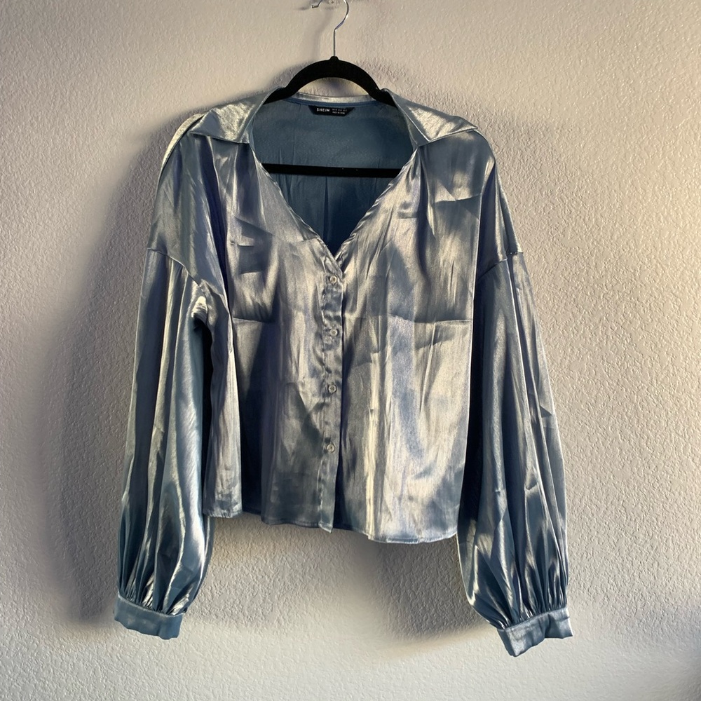 Shiny Blue Long Sleeved Blouse